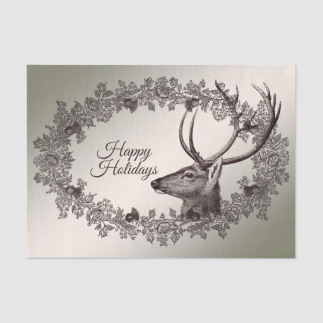 Papier Mousseline Fête de Noël Fleurs Renne Doré Hiver (Recto)