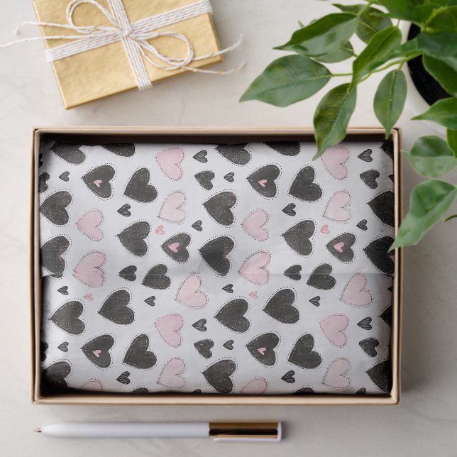 Papier Mousseline Fête des cœurs noirs roses (Cadeau)