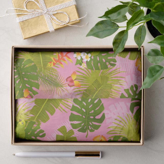 Papier Mousseline Feuillage tropical été rose (Cadeau)