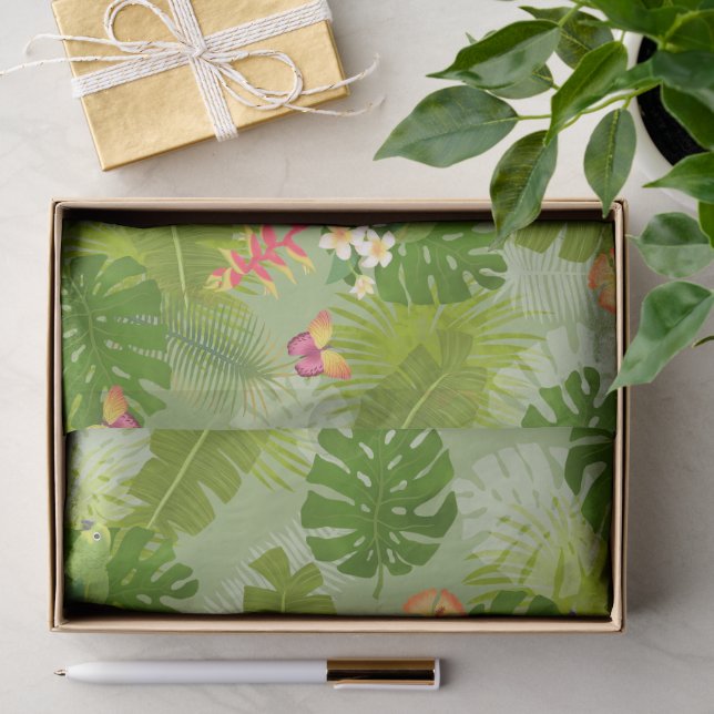 Papier Mousseline Feuillage tropical vert d'été (Cadeau)