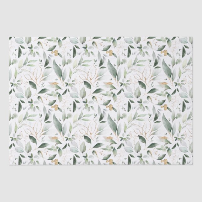 Papier Mousseline Feuillage Vert Feuilles Dorées (Recto)