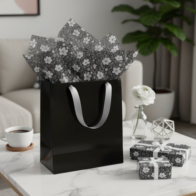 Papier Mousseline Feuille Classique Floral Art Motif Sur Grey Black (Créateur téléchargé)