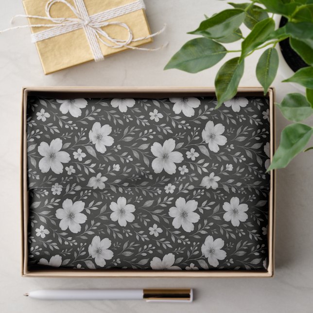 Papier Mousseline Feuille Classique Floral Art Motif Sur Grey Black (Cadeau)