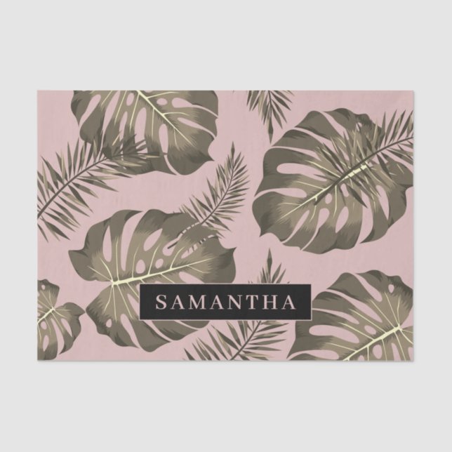 Papier Mousseline Feuille Tropical Pink & Gold Palm Motif et nom (Recto)