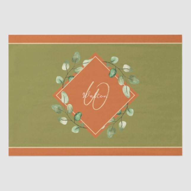 Papier Mousseline Feuilles automnales orange et vert monogramme (Recto)