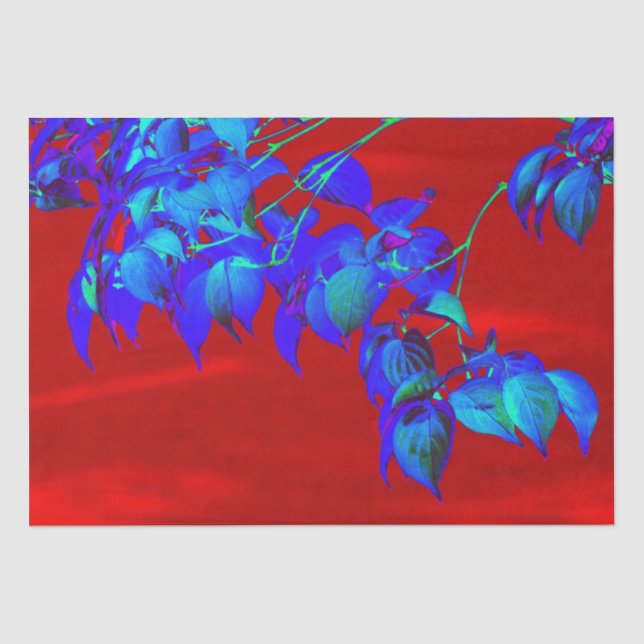 Papier Mousseline Feuilles bleu ciel rouge (Recto)