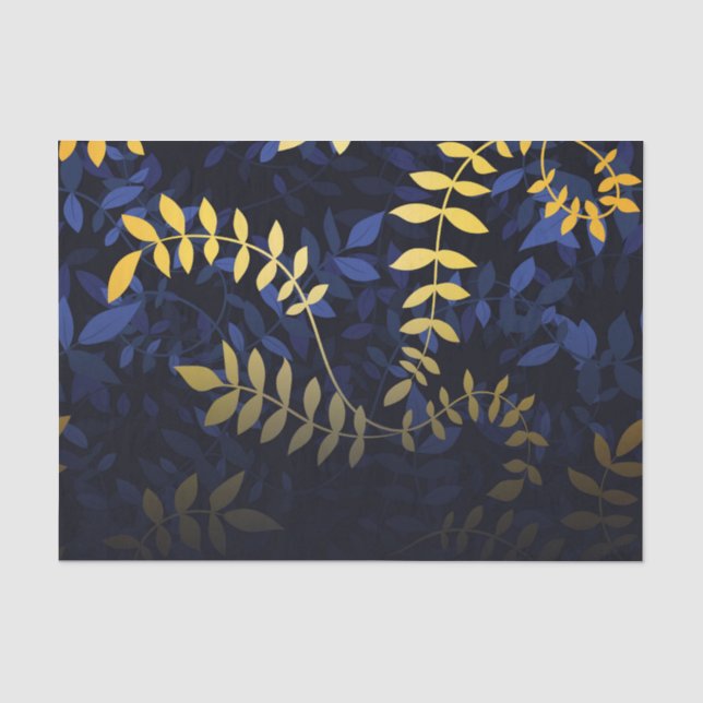 Papier Mousseline Feuilles bleu et or (Recto)