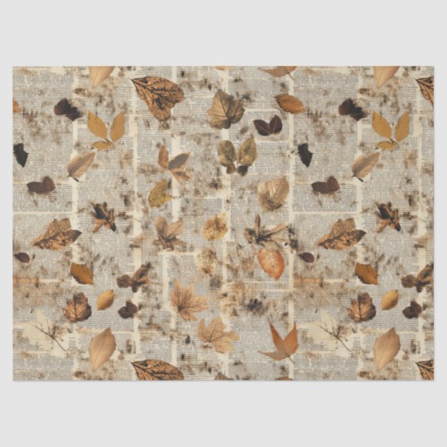 Papier Mousseline Feuilles d'automne rustiques sur journal vintage (Recto)
