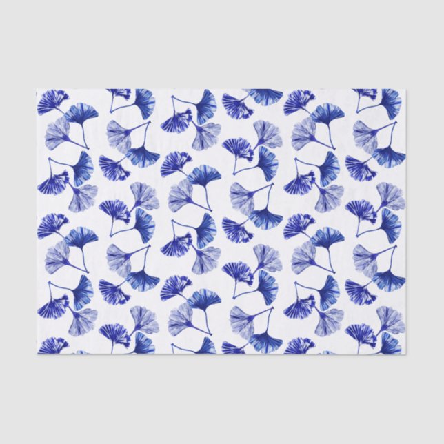 Papier Mousseline Feuilles de gingko bleu et blanc (Recto)