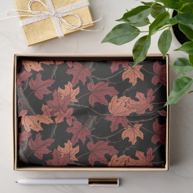 Papier Mousseline Feuilles d'érable rouges d'automne sur fond noir (Cadeau)