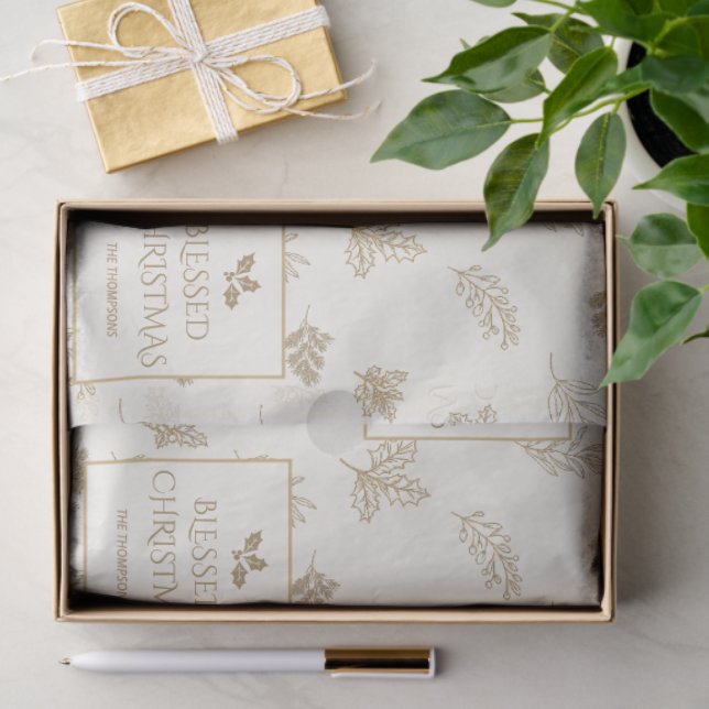 Papier Mousseline Feuilles d'hiver dorées élégantes Gui (Cadeau)
