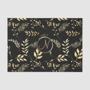 Papier Mousseline Feuilles d'or noir Lettre de monogramme chic initi