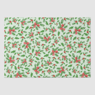 Papier Mousseline Feuilles et baies de Noël rouges et verts