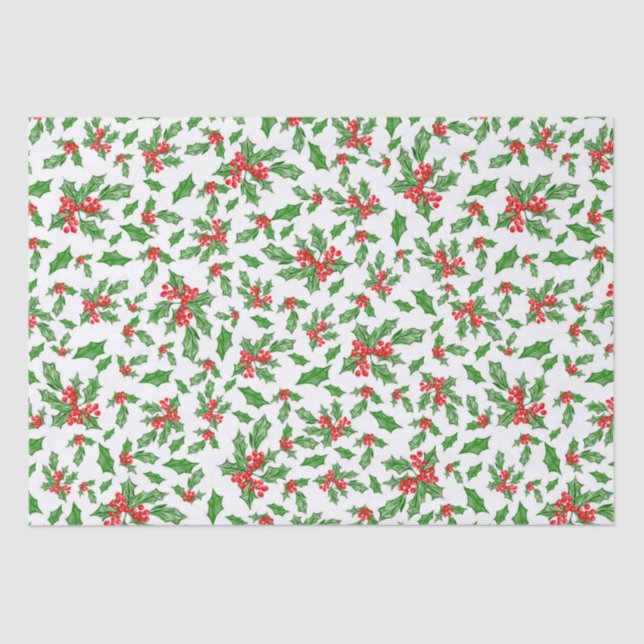 Papier Mousseline Feuilles et baies de Noël rouges et verts (Recto)