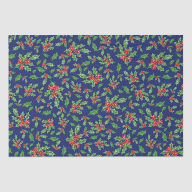 Papier Mousseline Feuilles et baies de Noël rouges et verts (Recto)
