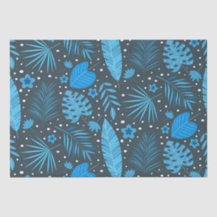 Papier Mousseline Feuilles et Motifs de fleurs exotiques bleus