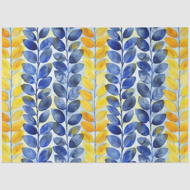 Papier Mousseline Feuilles jaune et bleu (Recto)