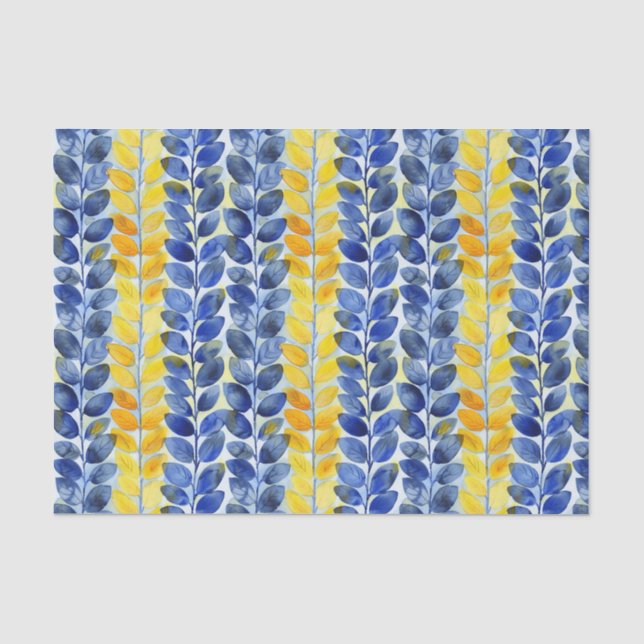 Papier Mousseline Feuilles jaune et bleu (Recto)