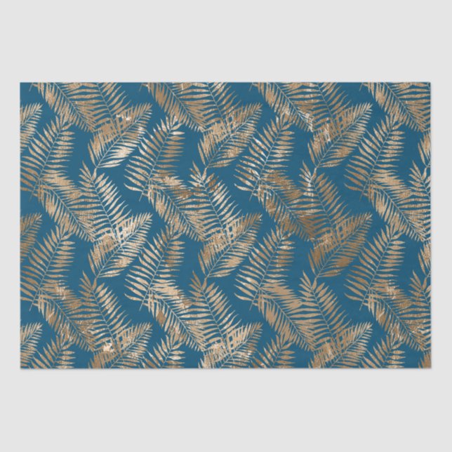 Papier Mousseline Feuilles Tropical Gold Blue (Recto)