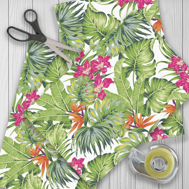 Papier Mousseline Feuilles tropicales vertes Fleurs roses oranges (Tropical leaves with pink and orange flowers gift wrapping tissue paper)