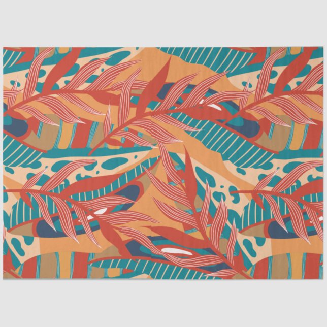 Papier Mousseline Feuilles tropicaux en Turquoise, Rouge, Orange (Recto)