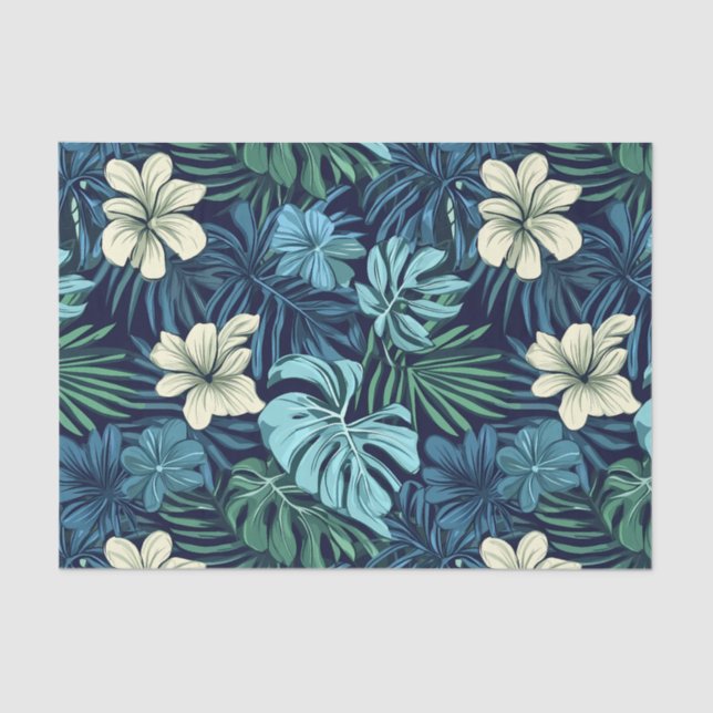 Papier Mousseline Feuilles tropicaux et fleurs Bleu & Blanc (Recto)