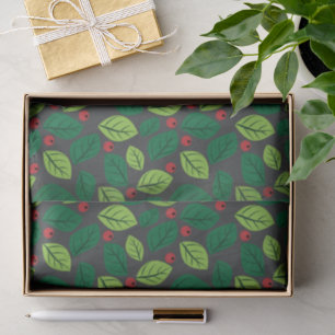 Papier Mousseline Feuilles verts, Berries Rouges, Motif Des Feuilles