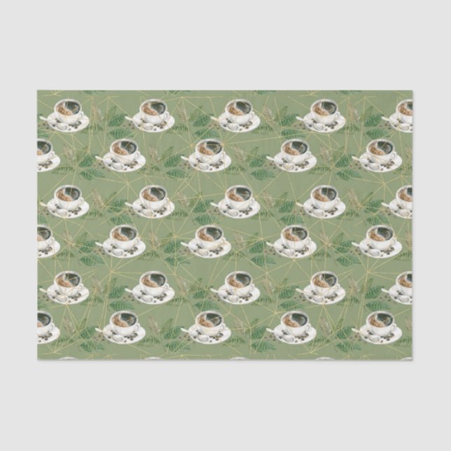 Papier Mousseline Feuilles verts et coupe de café avec haricots (Recto)