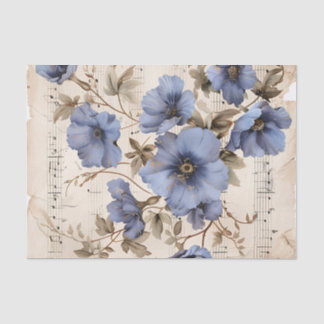 Papier Mousseline Feuillet de musique vintage fleurs bleues éphémère