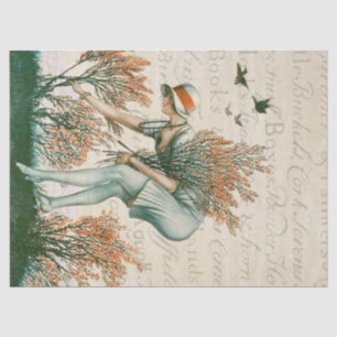 Papier Mousseline Fille à la pomme, ramassant des fleurs.