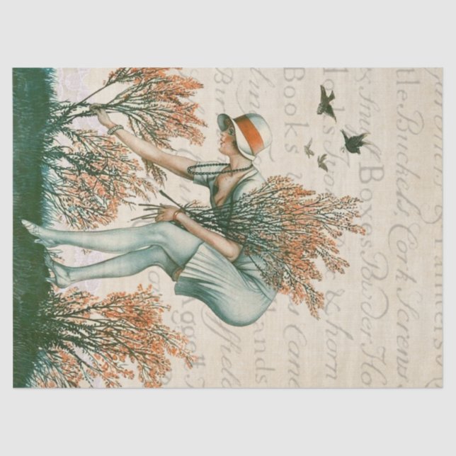 Papier Mousseline Fille à la pomme, ramassant des fleurs. (Recto)