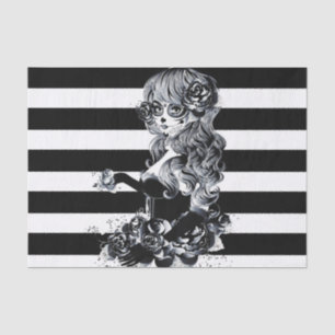 Papier Mousseline Fille aux crânes de sucre jolis rayés noir et blan