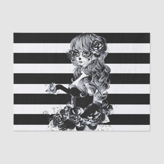 Papier Mousseline Fille aux crânes de sucre jolis rayés noir et blan (Recto)