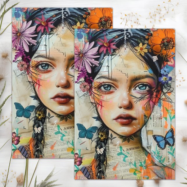 PAPIER MOUSSELINE FILLE AUX FLEURS BOHO DECOUPAGE (BOHO FLOWER GIRL DECOUPAGE TISSUE PAPER)