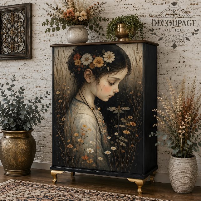 Papier Mousseline Fille aux fleurs et libellule découpage (Girl with Flowers & Dragonfly Decoupage Tissue Paper)