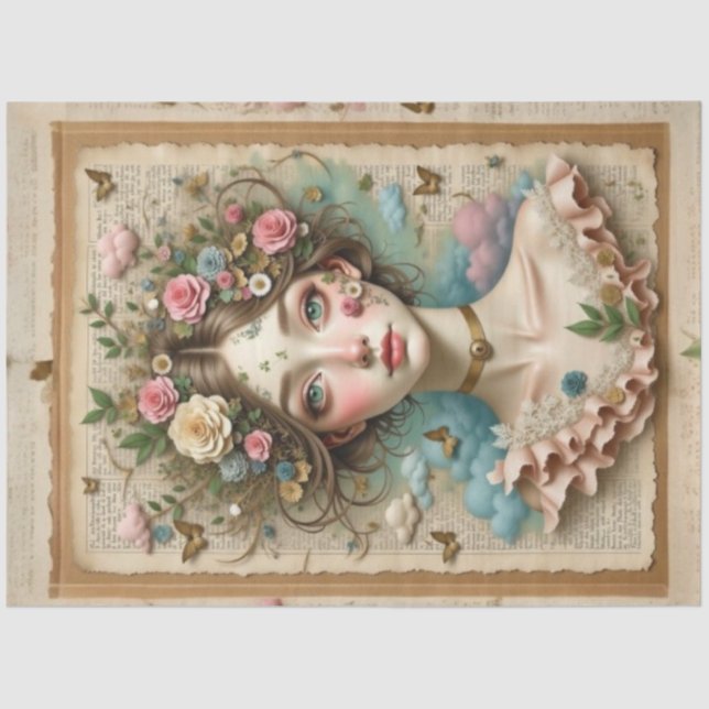 Papier Mousseline Fille aux yeux verts avec fleurs et papillons (Recto)