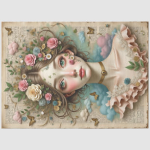 Papier Mousseline Fille aux yeux verts avec fleurs et papillons