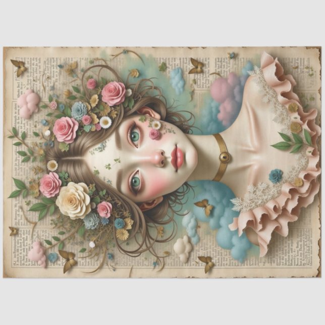 Papier Mousseline Fille aux yeux verts avec fleurs et papillons (Recto)