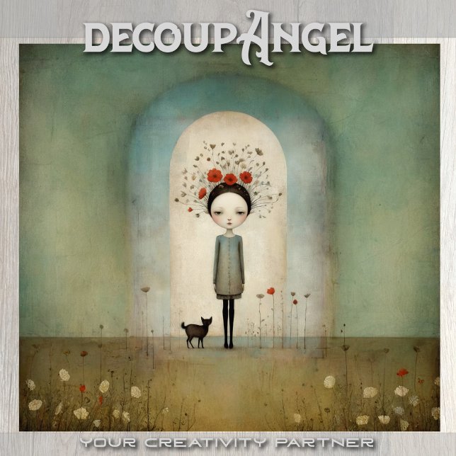 Papier Mousseline Fille avec chat noir et coquelicots rouges - décou (Créateur téléchargé)