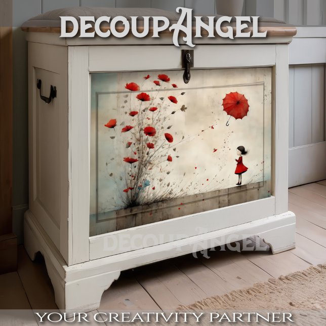 Papier Mousseline Fille avec pavots et parapluie rouge - découpage - (Créateur téléchargé)