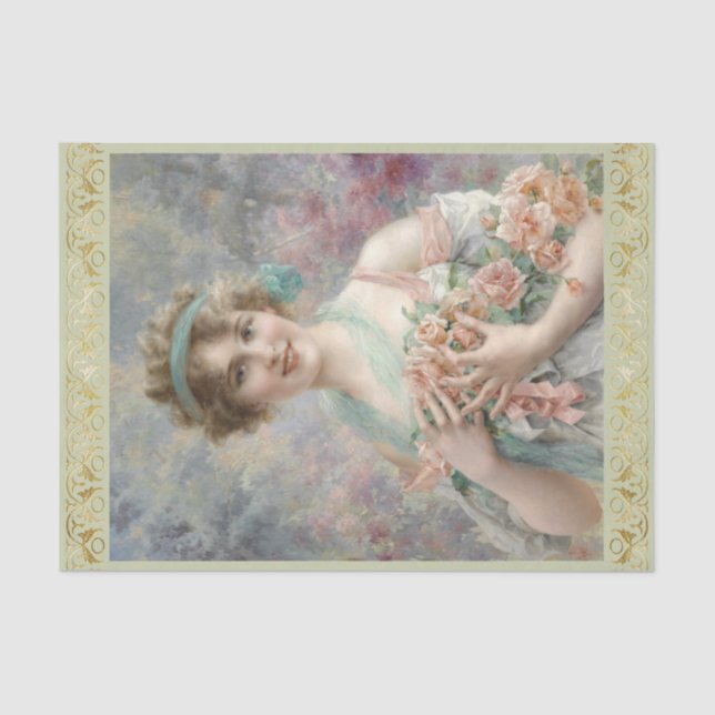 Papier Mousseline Fille avec roses par Emile Vernon, Decoupage (Recto)