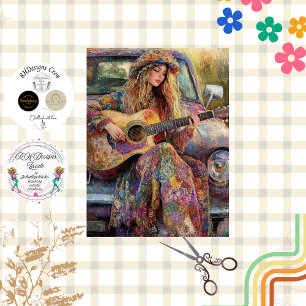 Papier Mousseline Fille Boho jouant de la guitare Camion Vintage Dec