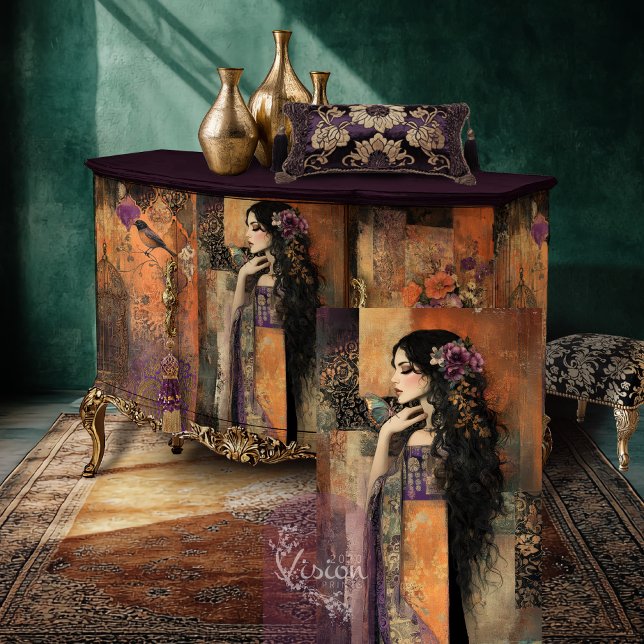 Papier Mousseline Fille Boho Lunatique dans un Art Patchwork de Kimo (Mix and Match, Moody Boho, Kimono Girl & Butterfly, Patchwork Art, Decoupage Tissue Paper)