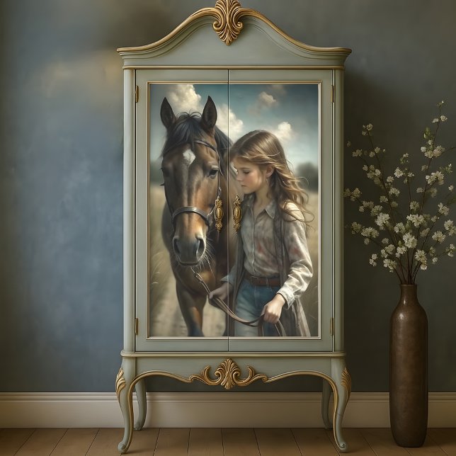 Papier Mousseline Fille Brune Cheval Brun Découpage de Campagne Rust (Brunette Girl Brown Horse Rustic Country Decoupage Tissue Paper)