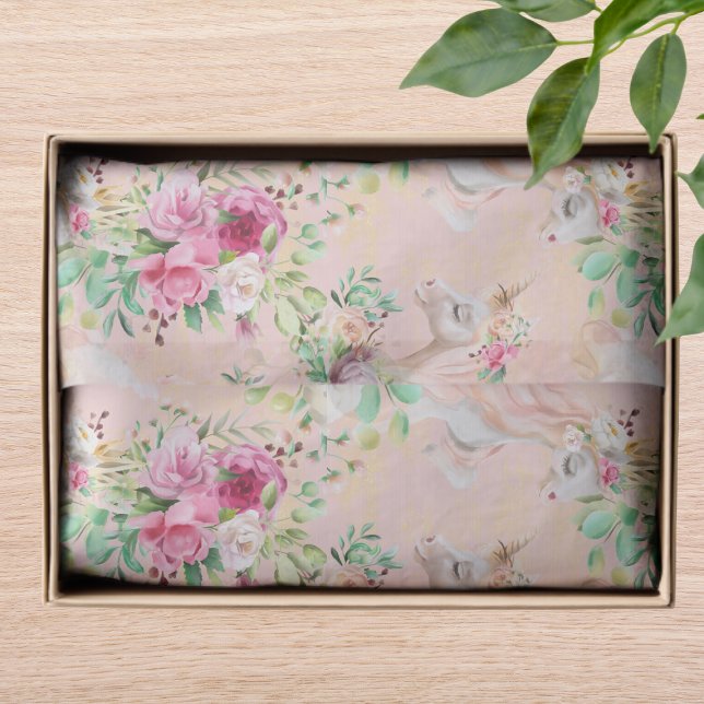 Papier Mousseline Fille Chic Aquarelle Moderne Floral Unicorn (Créateur téléchargé)