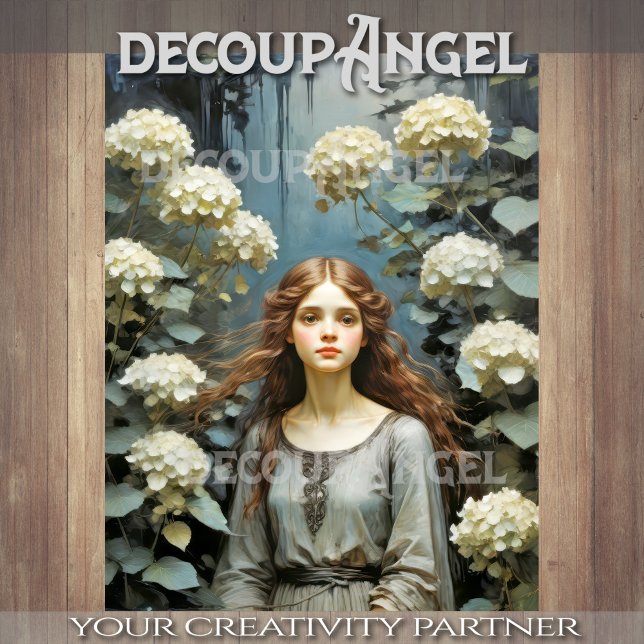 Papier Mousseline Fille dans un jardin d'hortensias - Découpage - (Créateur téléchargé)