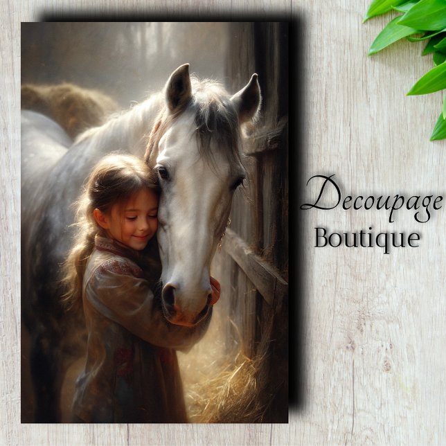 Papier Mousseline Fille Enlaçant un Cheval Blanc Découpage (Girl Hugging White Horse Decoupage Tissue Paper)