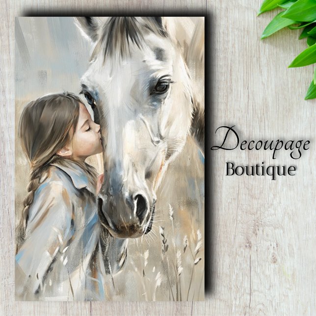 Papier Mousseline Fille et Cheval Blanc Ferme Pays Découpage (Boy with Puppy Rustic Vintage Decoupage Tissue Paper)