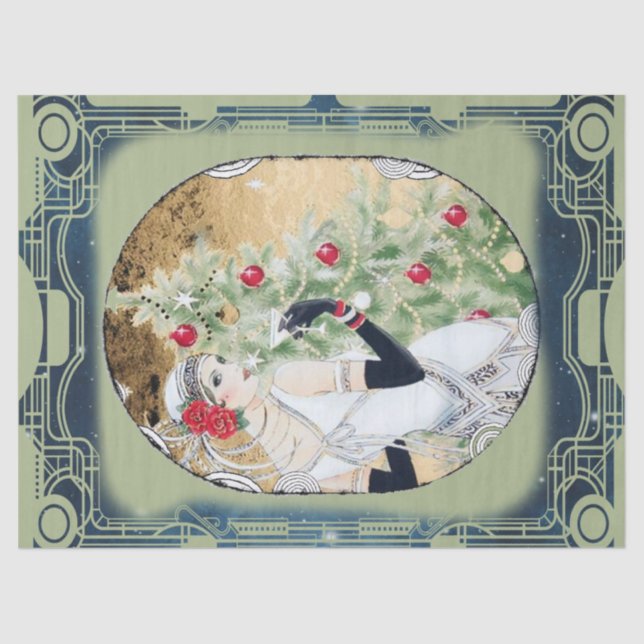 Papier Mousseline Fille flapper de Noël avec boisson et arbre (Recto)