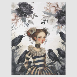 Papier Mousseline Fille gothique fleurs vintage et découpage de corb
